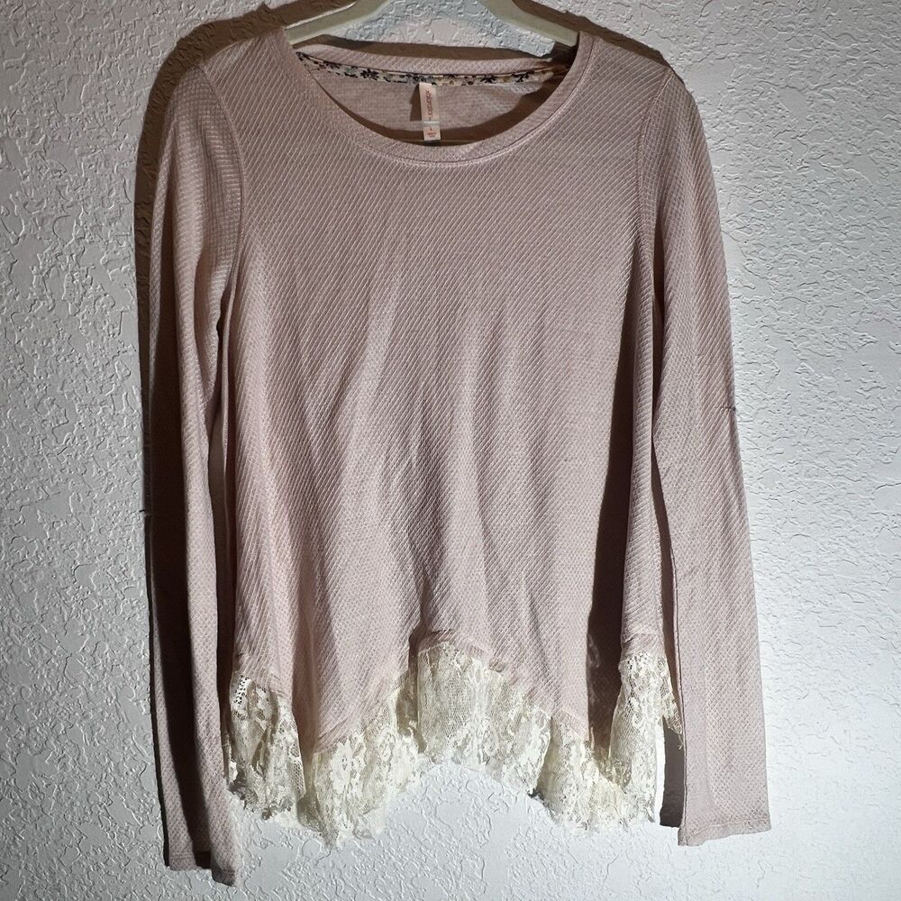 Xhilaration Pink Waffle Knit Lace Hem Top Large Boho Coquette Fairy Grunge